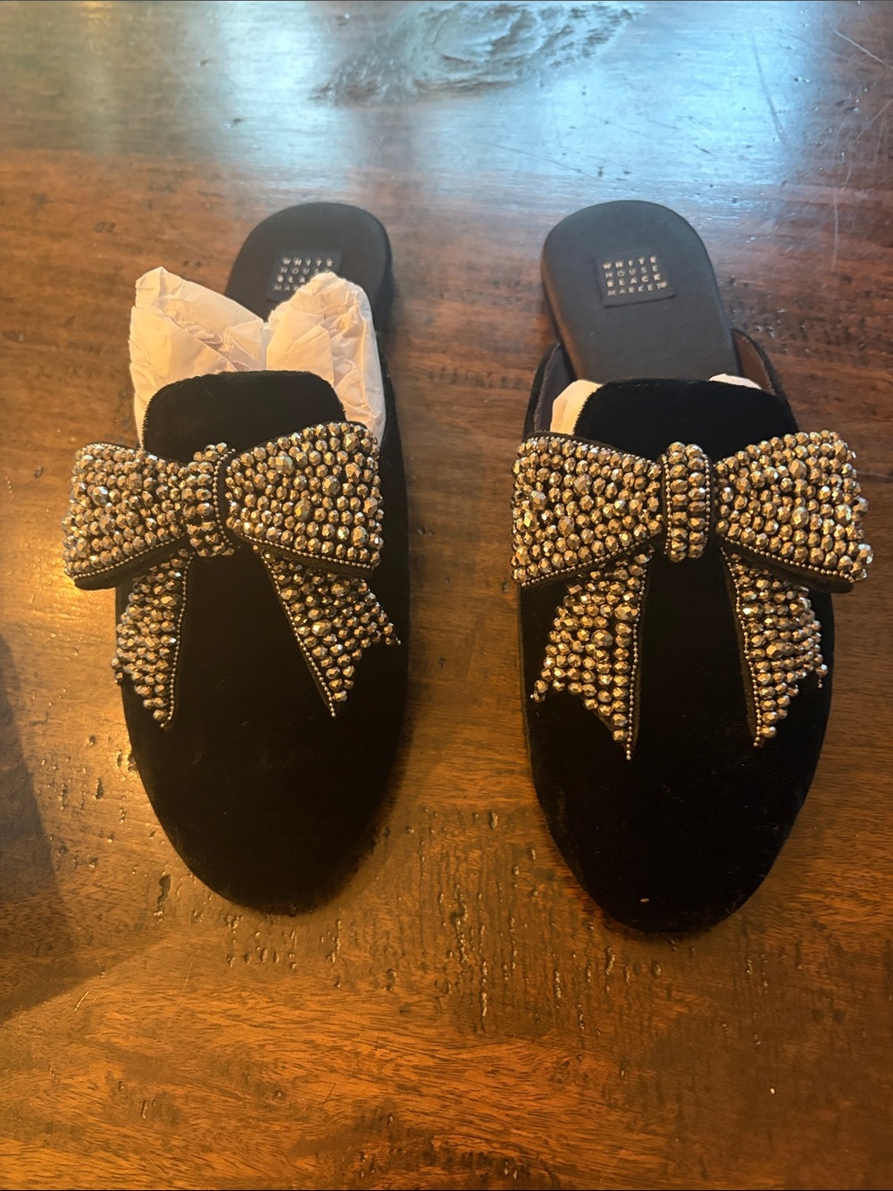 White House Black Market Black Velvet Bow-Embellished Mules